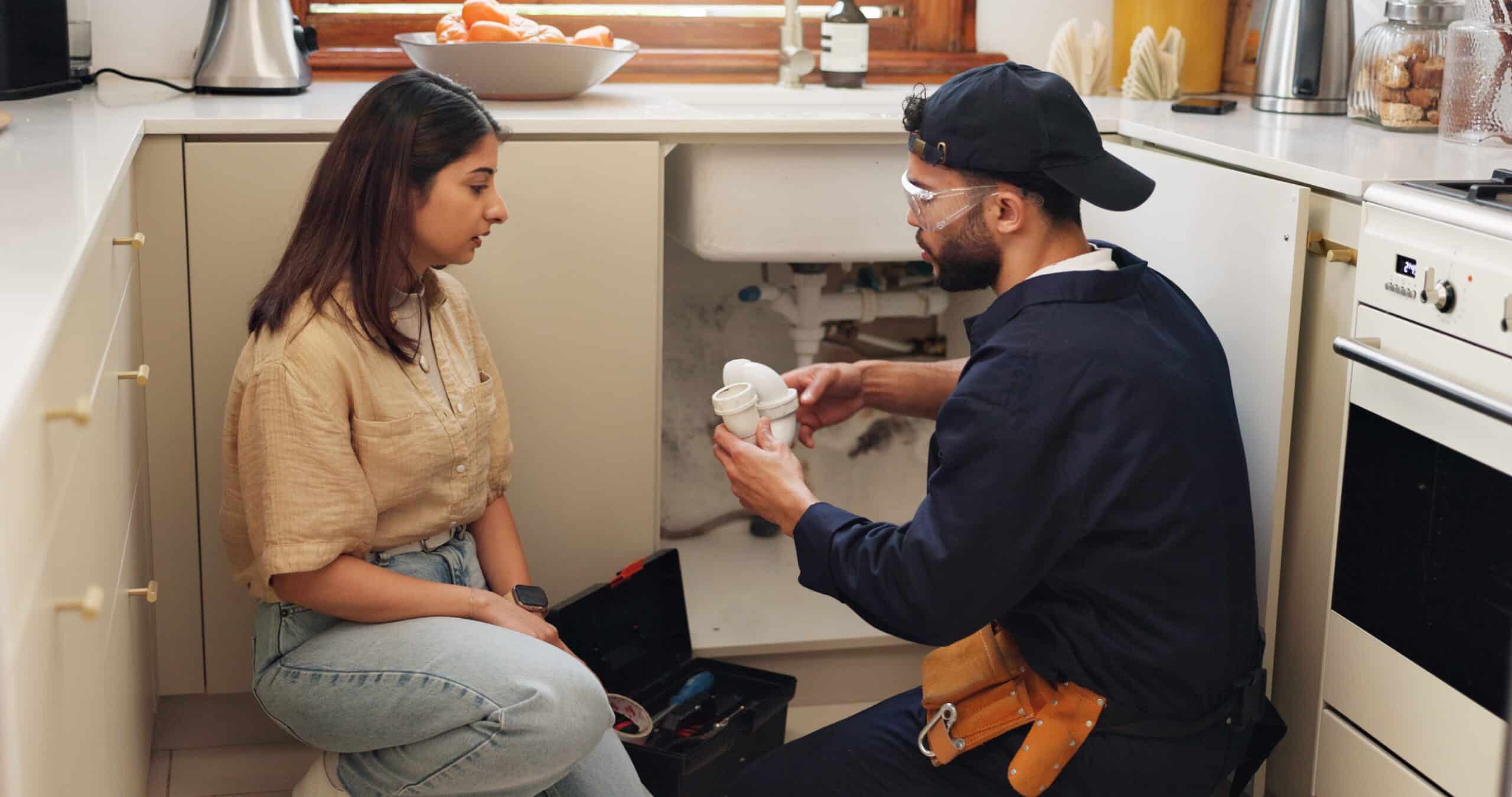 Kitchen, sink and plumber in discussion with woman for maintenance service, support and home repair.